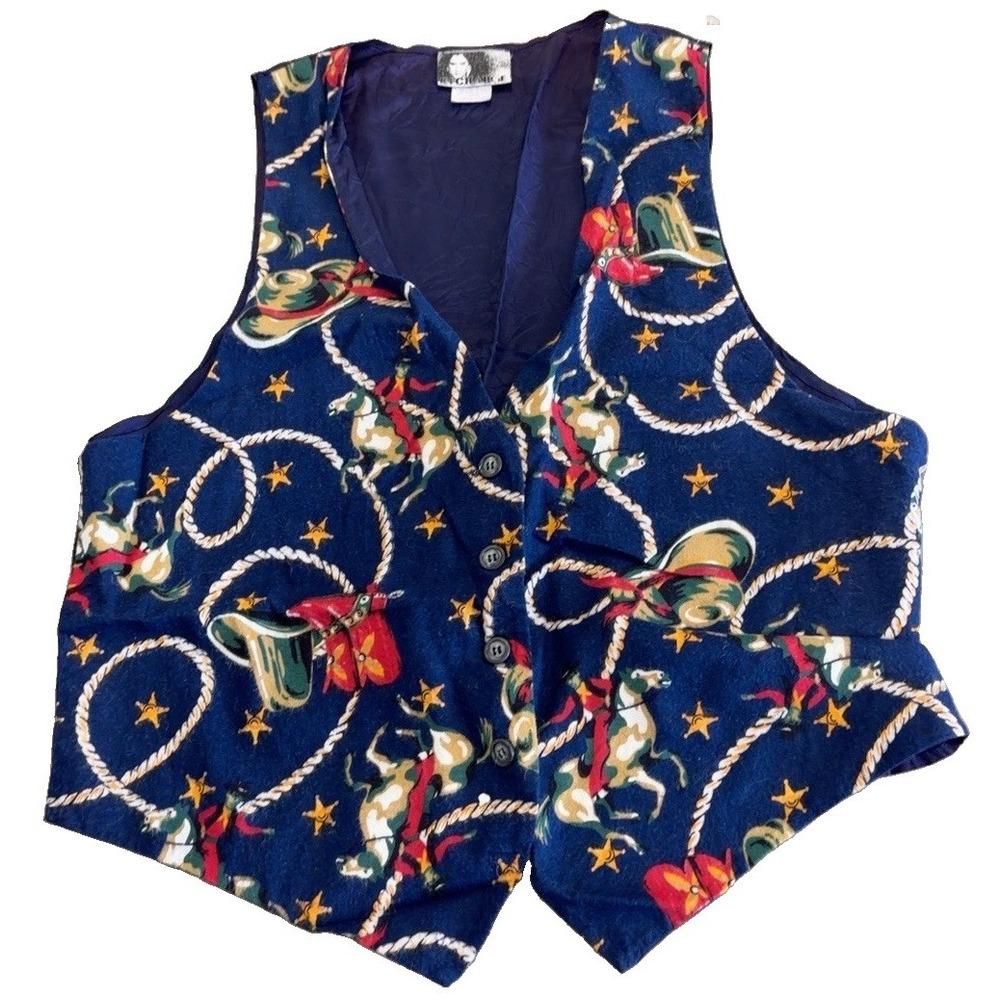 Vintage By Chance Cowboy Western Vest L USA Rodeo Dopamine Western Art